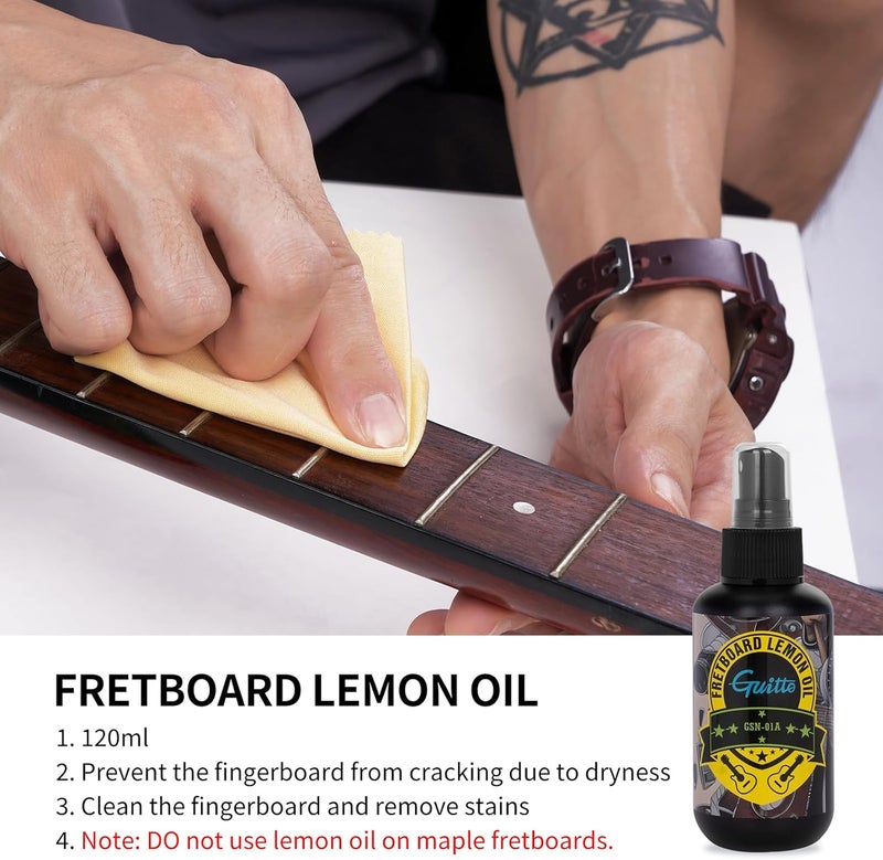 Guitto Guitar Cleaning Kit, All in One Guitar Care Kit Fretboard Lemon Oil, Polish, Guitar String Cleaner, Microfiber Cloth GSN-01 - Image 2